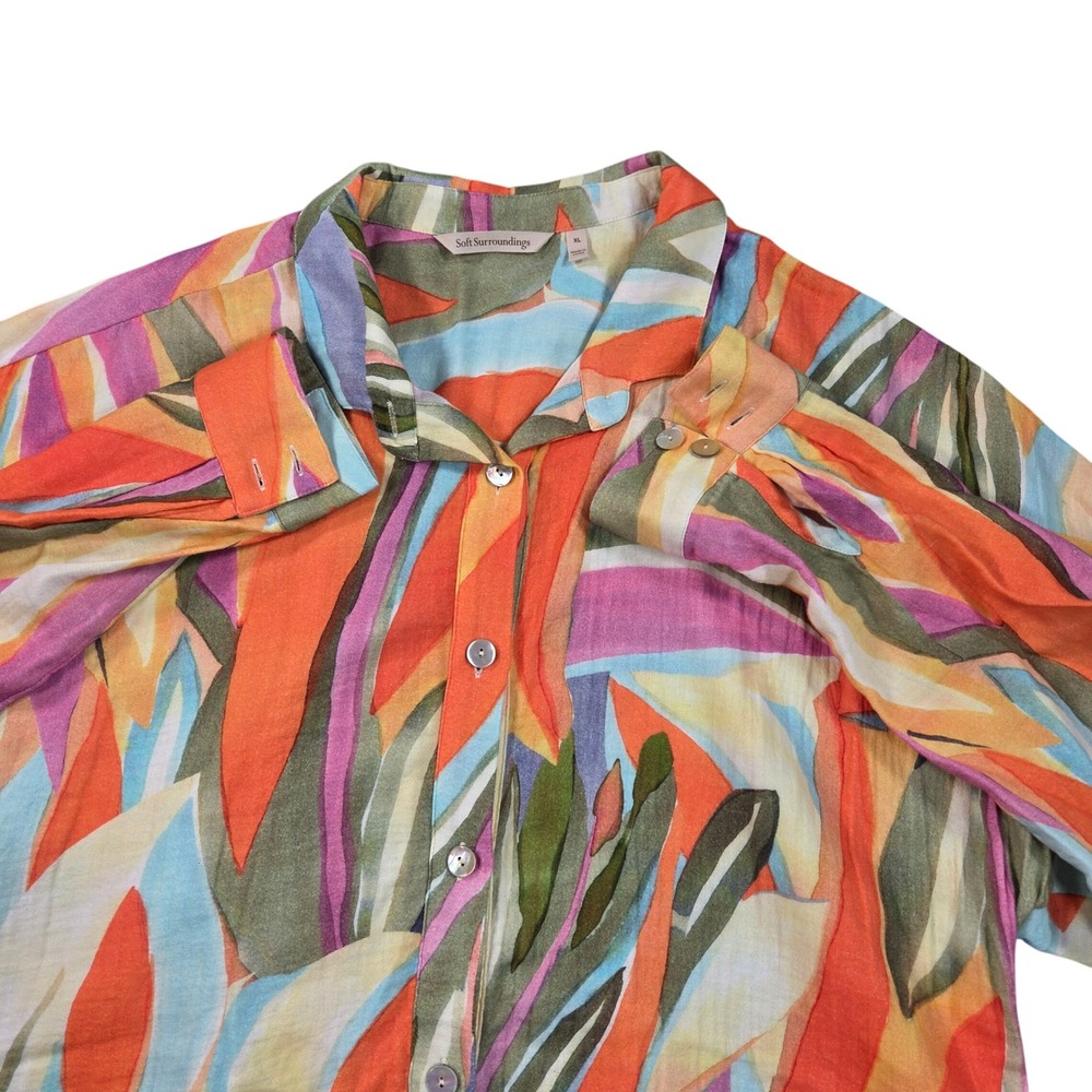 Soft Surroundings Shirt Womens XL Multi-Color Abstract Tropical Leaf Button Down